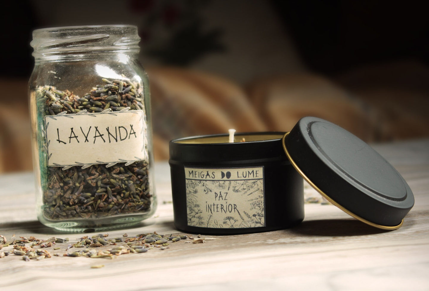 INNER PEACE Candle (Lavender) 120 ml: With soy and beeswax, and triple lavender (macerated, flowers and A.E. Reusable aluminum container.